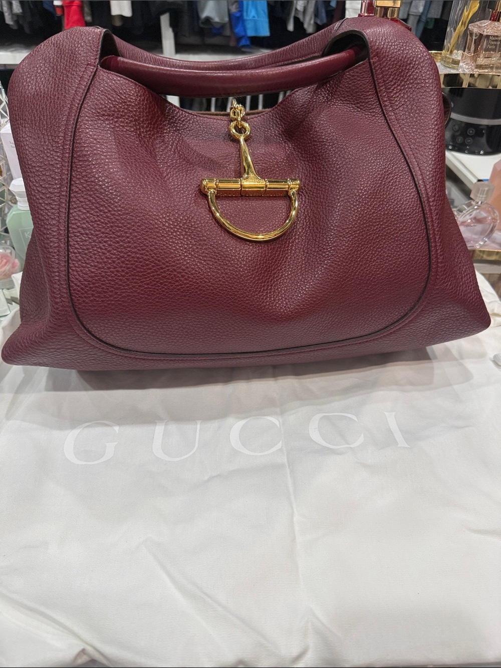 Authentic Gucci Wine Red Pebbled Leather Shoulder Bag with Gold Hardware